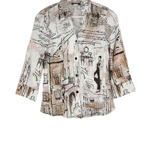 Dolcezza Women's XS Button Down 3/4 Sleeve Top Paris Sketch Print Blouse‎